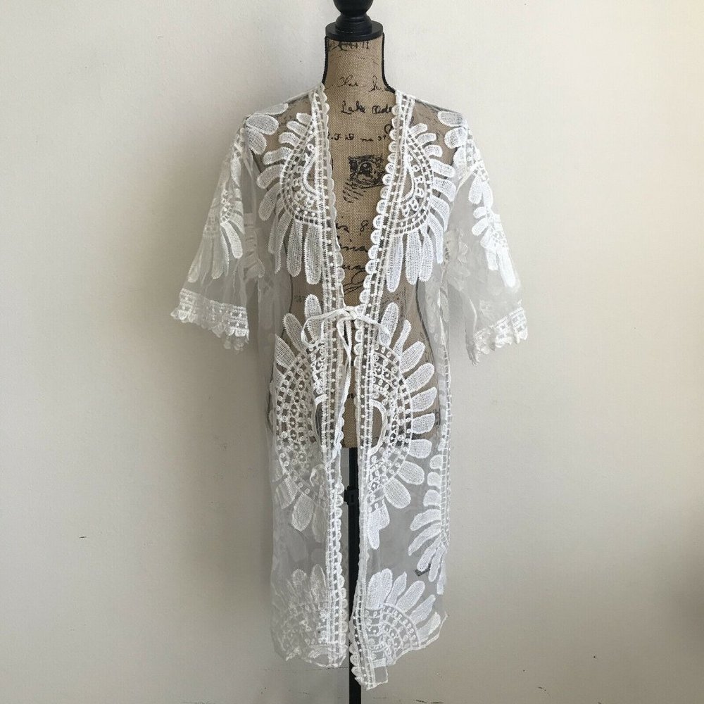 Shein Sheer White Embroidered Cardigan Duster Short Sleeves Cotton One Size